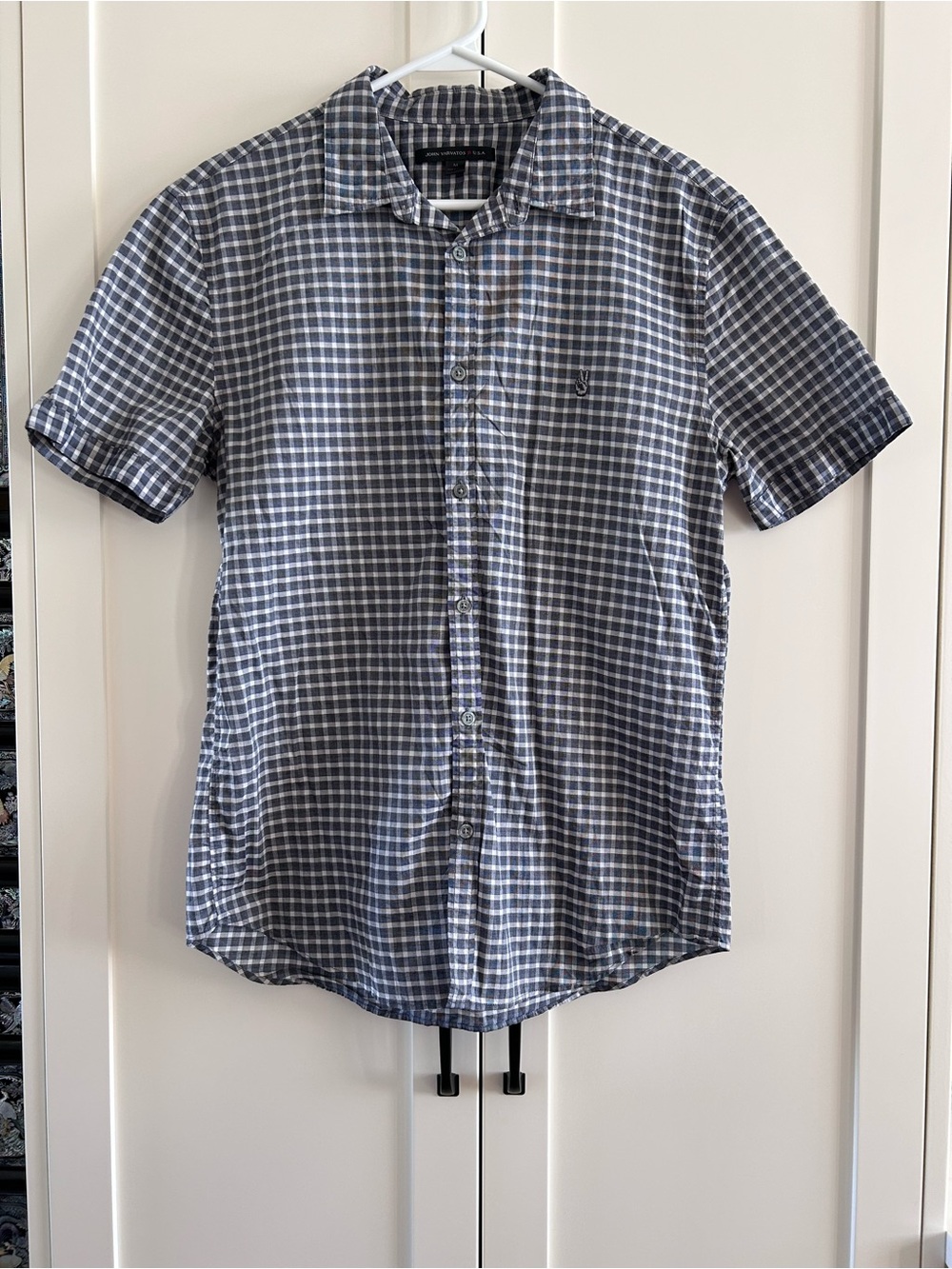 John Varvatos Men's Short-Sleeve Gray and White Check Button-Down Shirt